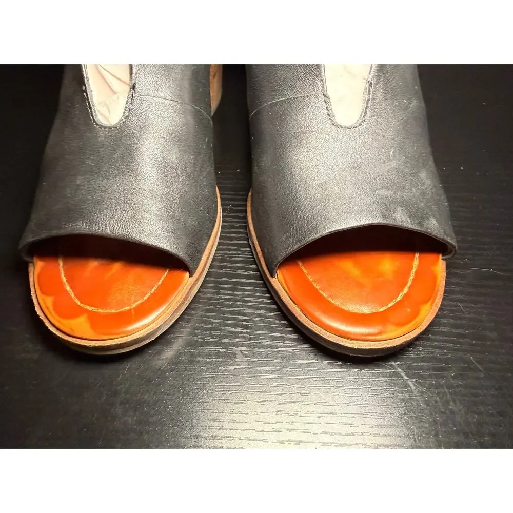 Lucky Brand Leather Mule Heels Womens Size 8 Black Peep Toe Block Heel Slingback